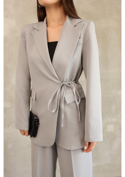 Kadın Gri Yandan Bağlamalı Blazer Ceket Pantolon Takım fırsatları