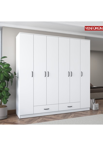 BA134 Geniş Gardırop Elbise Dolabı 6 Kapaklı 2 Çekmeceli 14 Raflı 2 Askılı Beyaz