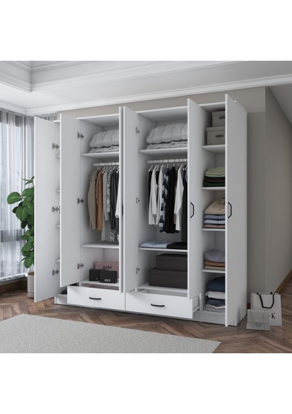 BA134 Geniş Gardırop Elbise Dolabı 6 Kapaklı 2 Çekmeceli 14 Raflı 2 Askılı Beyaz modelleri