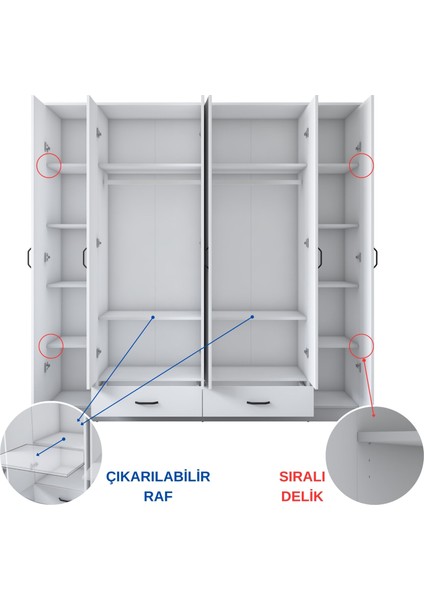 BA134 Geniş Gardırop Elbise Dolabı 6 Kapaklı 2 Çekmeceli 14 Raflı 2 Askılı Beyaz fırsatları