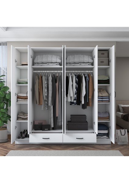 BA134 Geniş Gardırop Elbise Dolabı 6 Kapaklı 2 Çekmeceli 14 Raflı 2 Askılı Beyaz indirimleri