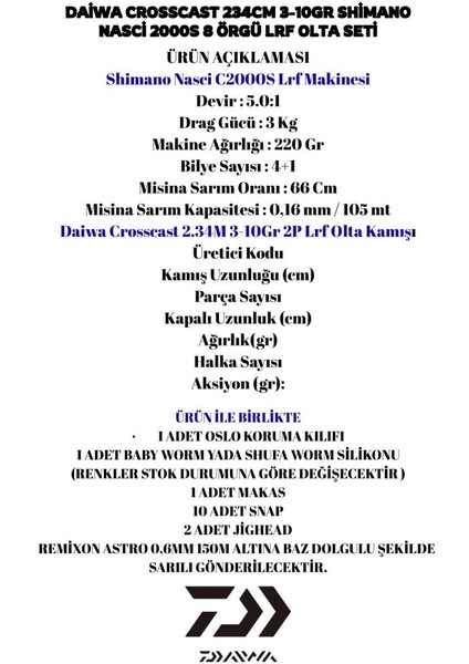 Crosscast 234CM 3-10GR Shimano Nasci 2000S 8 Örgü Lrf Olta Seti fiyatları