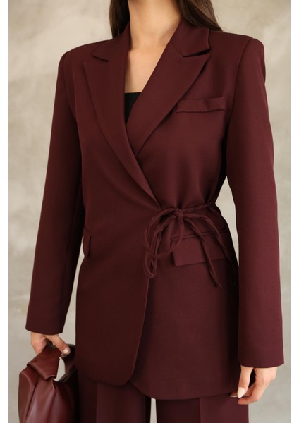 Kadın Bordo Yandan Bağlamalı Blazer Ceket Pantolon Takım modelleri