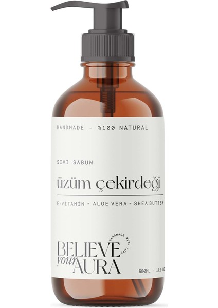 %100 Doğal Üzüm Çekirdeği Yağı Sıvı El Sabunu - E-Vitamini Aloe Vera ve Shea Butter Katkılı - 500 ml