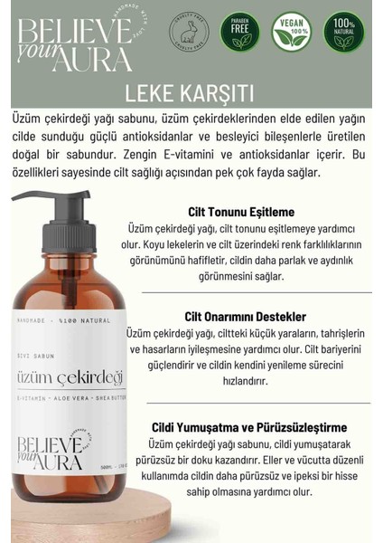 %100 Doğal Üzüm Çekirdeği Yağı Sıvı El Sabunu - E-Vitamini Aloe Vera ve Shea Butter Katkılı - 500 ml fiyatları