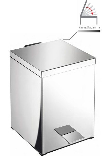 Çöp Kovası, Pedallı, Kare, Soft, 5lt -Parlak Paslanmaz Çelik