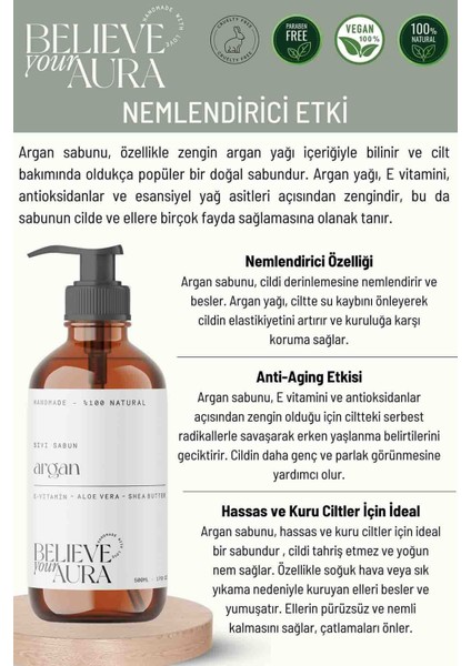 %100 Doğal Argan Yağılı Sıvı El Sabunu - E-Vitamini Aloe Vera ve Shea Butter Katkılı - 500 ml fiyatları