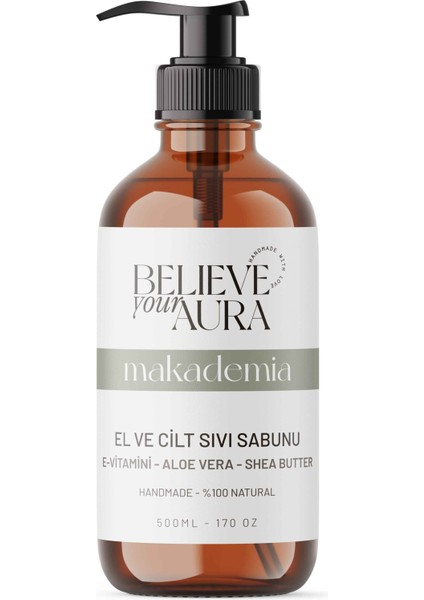 Macadamia Yağı Sıvı Cilt Sabunu - E-Vitamini Aloe Vera Shea Butter Katkılı Doğal Sıvı Sabun - 500 ml