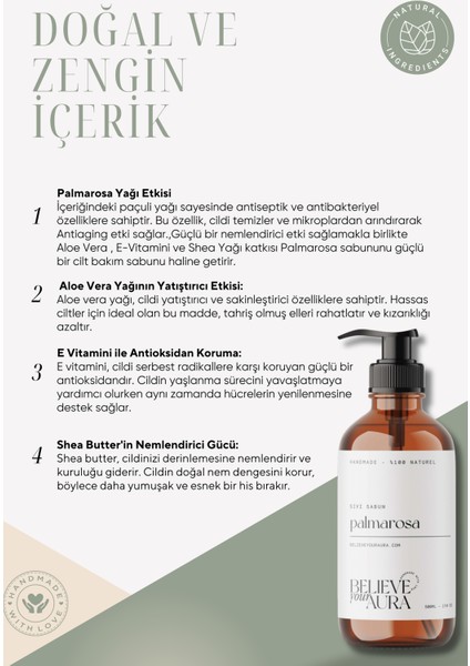 Palmarosa Bitki Özlü Doğal El ve Cilt Sıvı Sabunu - E-Vitaminli Aloe Vera Özü Katkılı - 500 ml fırsatları
