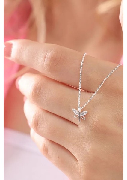 Gümüş Renk Zincirli Beyaz Zirkon Taşlı Minimal Yusufçuk Kolye