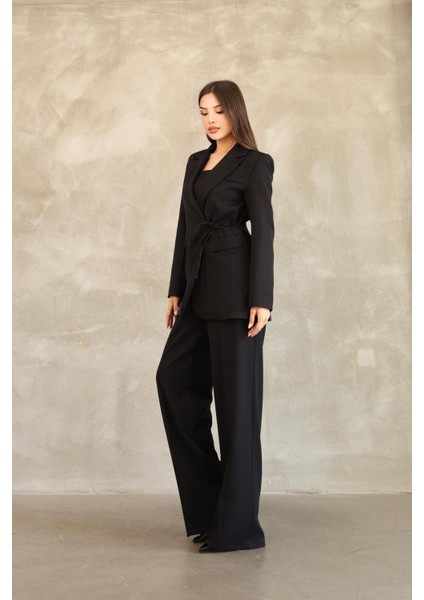 Kadın Siyah Yandan Bağlamalı Blazer Ceket Pantolon Takım fiyatları