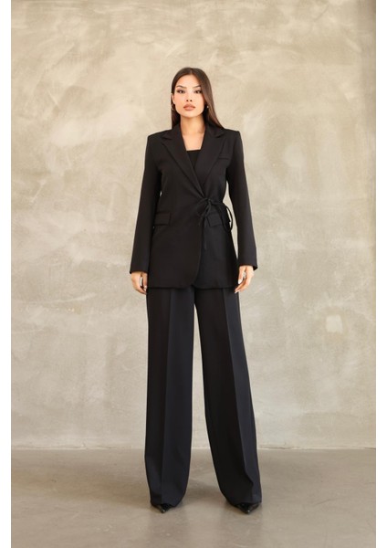 Kadın Siyah Yandan Bağlamalı Blazer Ceket Pantolon Takım fırsatları