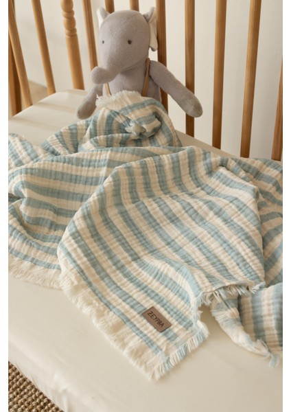 Mavi Çizgili 4kat Müslin Battaniye Püsküllü 4 Katlı Müslin 110X110CM