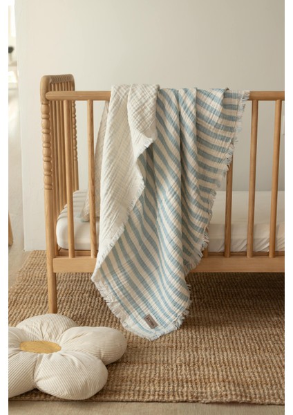 Mavi Çizgili 4kat Müslin Battaniye Püsküllü 4 Katlı Müslin 110X110CM indirimleri