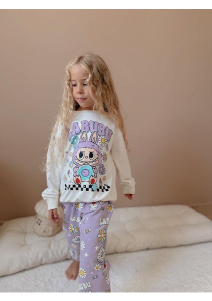 Cg Kids Labubu Donut Baskılı Lila Renk Eşofman Takımı 2 Iplik Kız Çocuk Alt Üst Takım