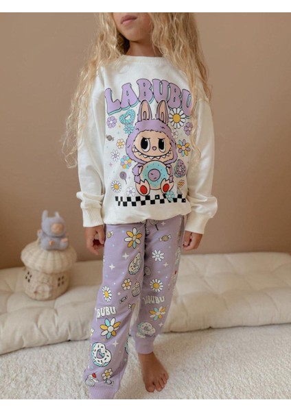 Cg Kids Labubu Donut Baskılı Lila Renk Eşofman Takımı 2 Iplik Kız Çocuk Alt Üst Takım fiyatları