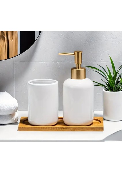 Seramik Altın Pompalı Başlıklı Beyaz Şişe + Seramik Bardak + Bambu Tepsi fiyatları
