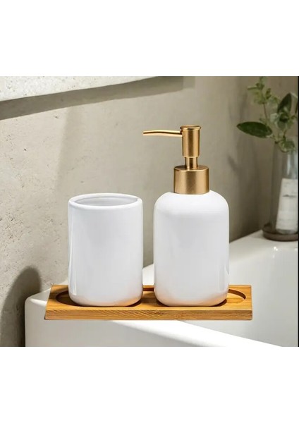 Seramik Altın Pompalı Başlıklı Beyaz Şişe + Seramik Bardak + Bambu Tepsi modelleri