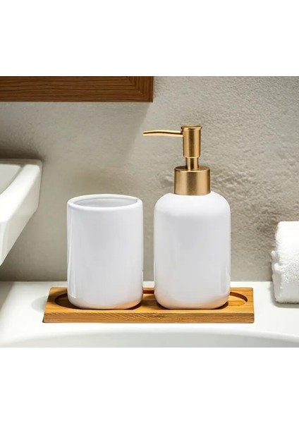 Seramik Altın Pompalı Başlıklı Beyaz Şişe + Seramik Bardak + Bambu Tepsi indirimleri