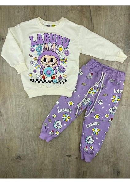 Cg Kids Labubu Donut Baskılı Lila Renk Eşofman Takımı 2 Iplik Kız Çocuk Alt Üst Takım