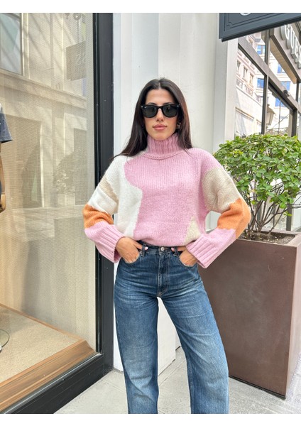 KZK0008 Kadın Pembe Varyant Intersia Balıkçı Yaka Oversize Triko Kazak