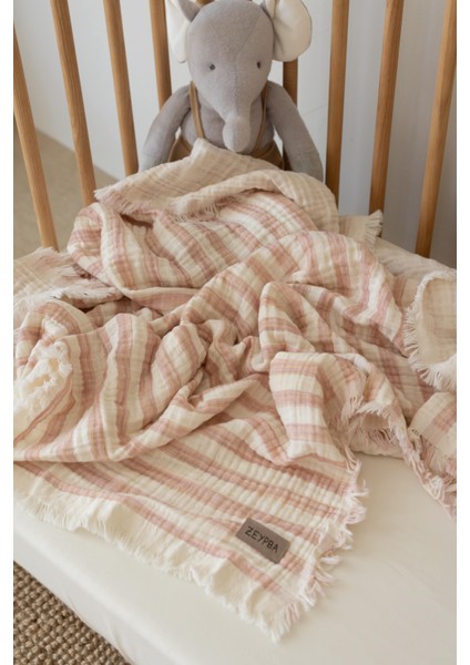 Pembe Çizgili 4kat Müslin Battaniye Püsküllü 4 Katlı Müslin Bebek Battaniye 110X110CM
