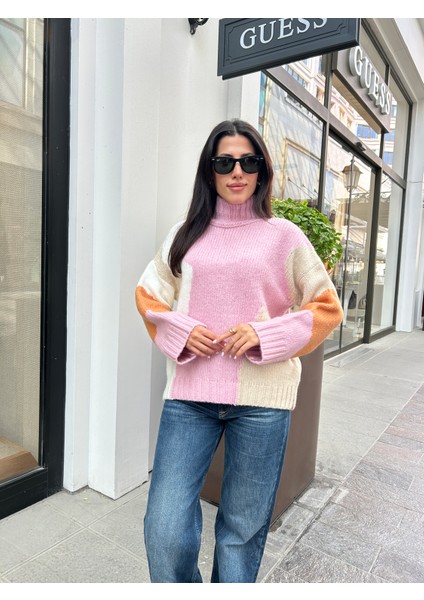 KZK0008 Kadın Pembe Varyant Intersia Balıkçı Yaka Oversize Triko Kazak modelleri