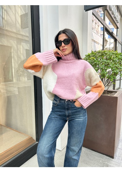 KZK0008 Kadın Pembe Varyant Intersia Balıkçı Yaka Oversize Triko Kazak indirimleri