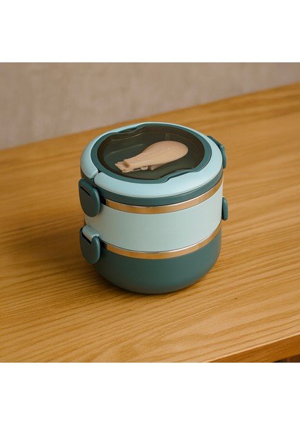 Yuvarlak 2 Katlı Çatal ve Kaşıklı Yemek Taşıma Kabı - Mavi - 850 ml