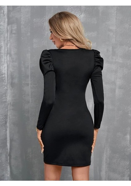 Kadın Uzun Kollu Kruvaze Yaka Kol Detaylı Ithal Krep Mini Elbise modelleri