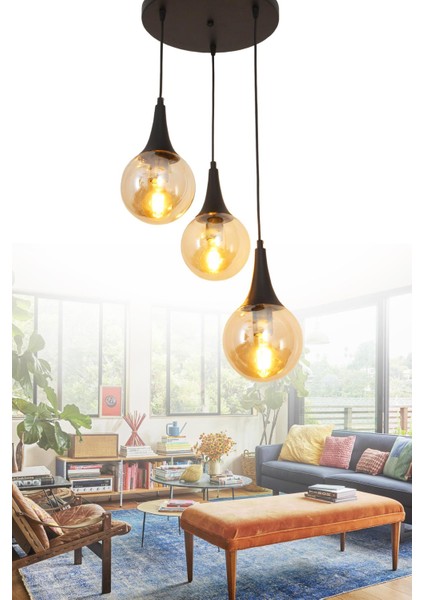 Suzi 3 Lü Siyah Tepsili Sarkıt Avize Bal Camlı Dekoratif Tasarım Yatak Odası Mutfak Salon Avize