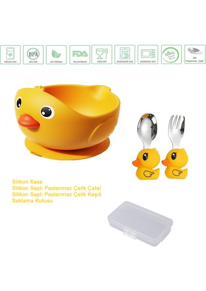 Sarı Renk Civciv Figürlü Premium Güvenli Bebek Çocuk Vakumlu Silikon Beslenme Mama Seti, (9+ Ay)