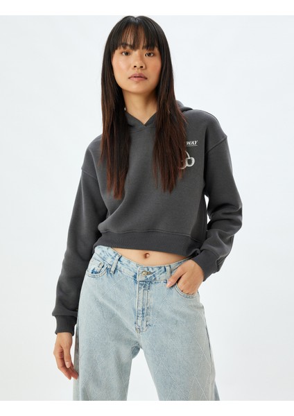 Crop Oversize Sweatshirt Kapüşonlu Arkası Baskılı Şardonlu
