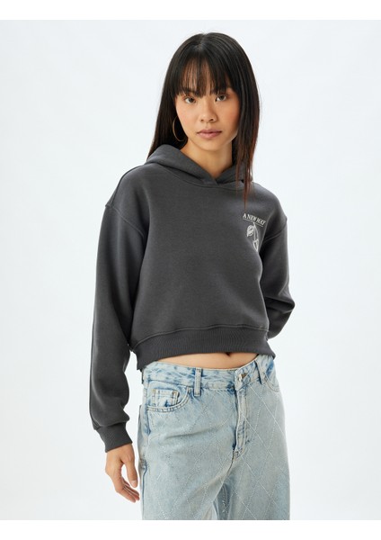 Crop Oversize Sweatshirt Kapüşonlu Arkası Baskılı Şardonlu modelleri