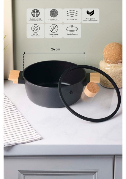 Cookwood Black Indüksiyon Tabanlı Ahşap Kulplu Kapaklı Seramik Derin Tencere 24 cm fiyatları