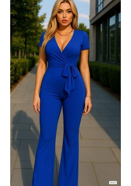 Kadın Kruvaze Yaka Kısa Kollu Kuşaklı Tulum