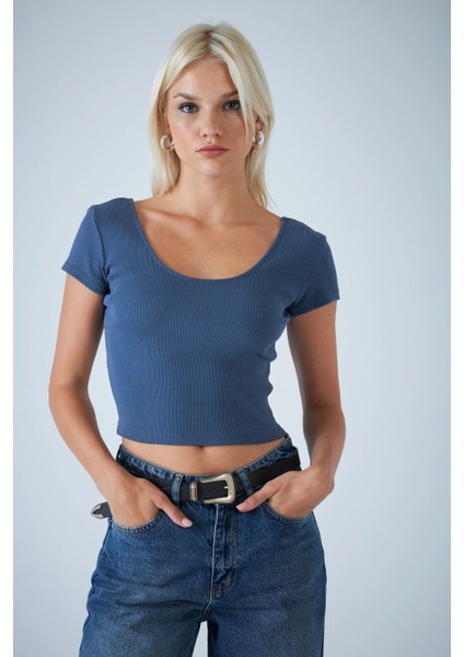 Kadın Indigo Ön Arka U Bluz EV57
