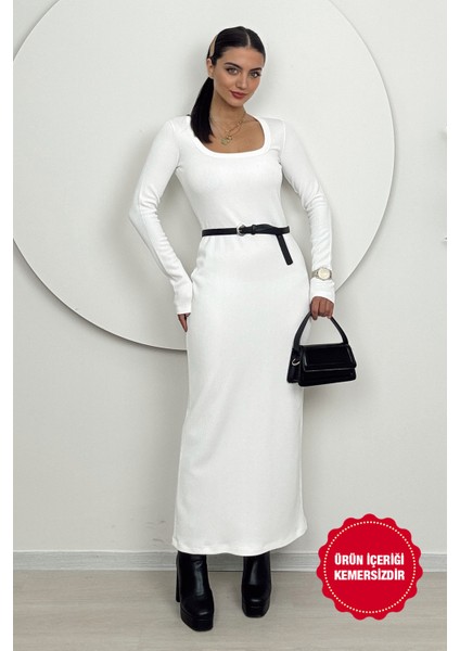 Orlina Kadın Uzun Kollu Kemersiz Bodycon Beyaz Triko Elbise - Günlük Şıklık