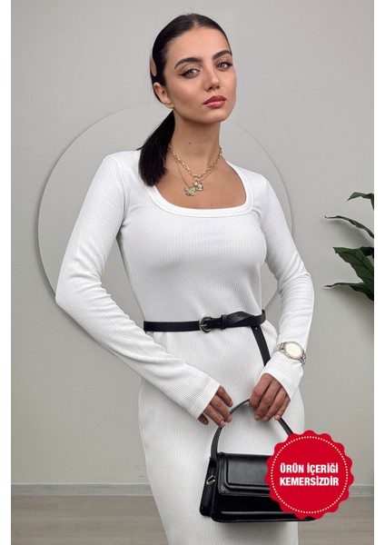 Orlina Kadın Uzun Kollu Kemersiz Bodycon Beyaz Triko Elbise - Günlük Şıklık fiyatları