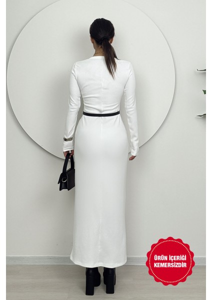 Orlina Kadın Uzun Kollu Kemersiz Bodycon Beyaz Triko Elbise - Günlük Şıklık fırsatları