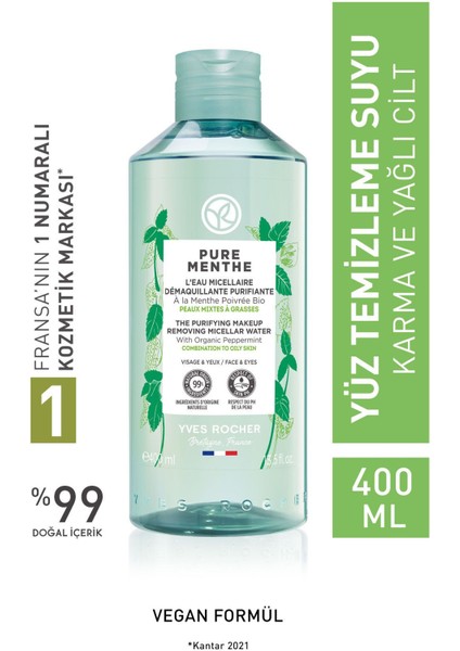 Karma-Yağlı-Akne/Sivilce Eğilimli Cilt, Prebiyotik Micellar Makyaj Temizleme Suyu-Pure Menthe-400ml