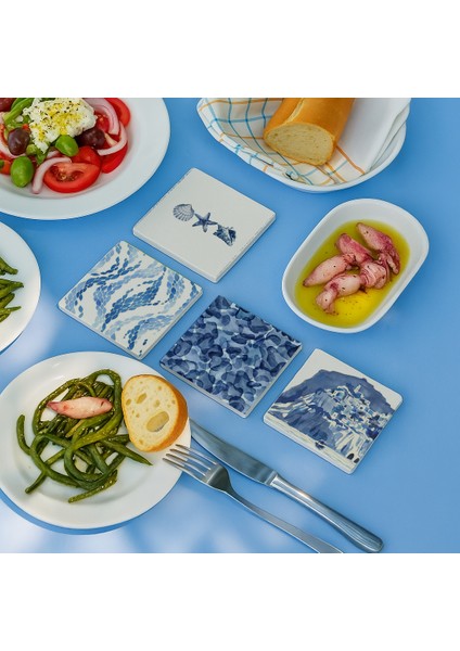 Deniz ve Mavi Desenli Doğal Taş Bardak Altlığı, Ev ve Ofis Kullanımı, 4 Adet