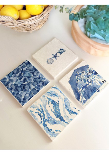 Deniz ve Mavi Desenli Doğal Taş Bardak Altlığı, Ev ve Ofis Kullanımı, 4 Adet fiyatları