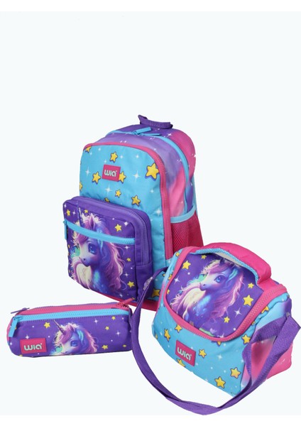 Wıa SW019 Unicorn - 3' Lü Okul Çantası Seti - Sırt ve Beslenme Çantası + Kalemlik