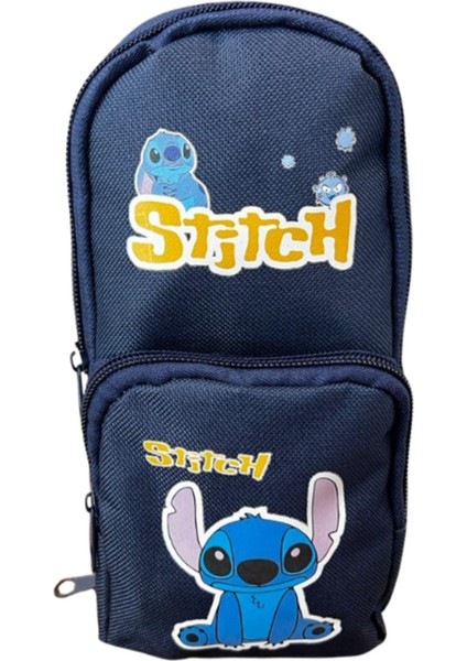 Stitch Baskılı Kalem Çantası Lacivert Geniş Hazneli Çok Bölmeli Kalem Kutu
