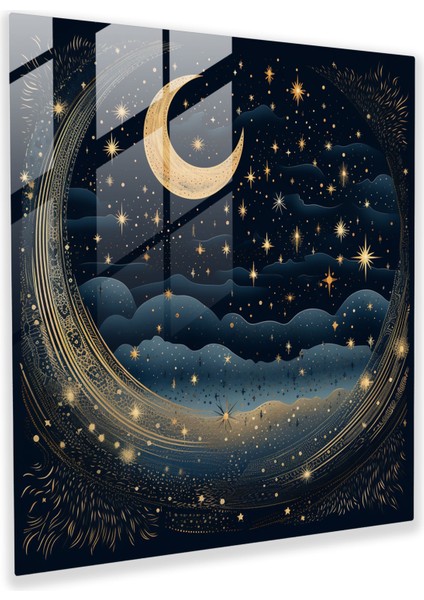 Yıldızlı Gece Lacivert Cam Tablo - Lacivert Gece Gökyüzü Cam Tablo Ay
