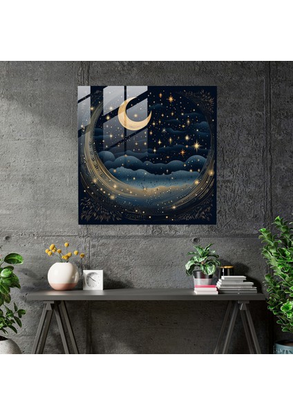 Yıldızlı Gece Lacivert Cam Tablo - Lacivert Gece Gökyüzü Cam Tablo Ay fiyatları