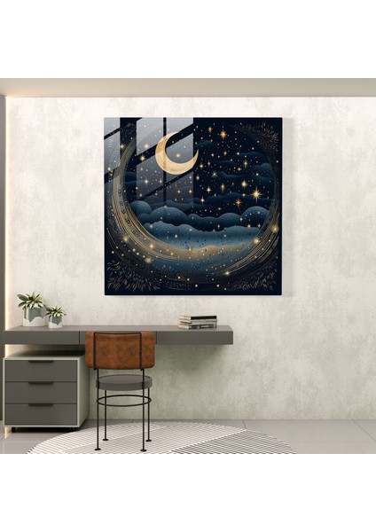 Yıldızlı Gece Lacivert Cam Tablo - Lacivert Gece Gökyüzü Cam Tablo Ay modelleri