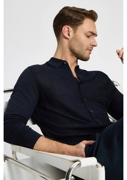 Ajur Örgü Detaylı Ipek Karışım Lacivert Triko Gömlek