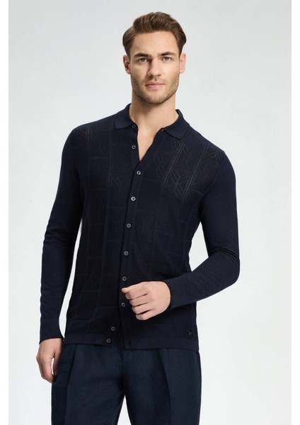 Ajur Örgü Detaylı Ipek Karışım Lacivert Triko Gömlek modelleri